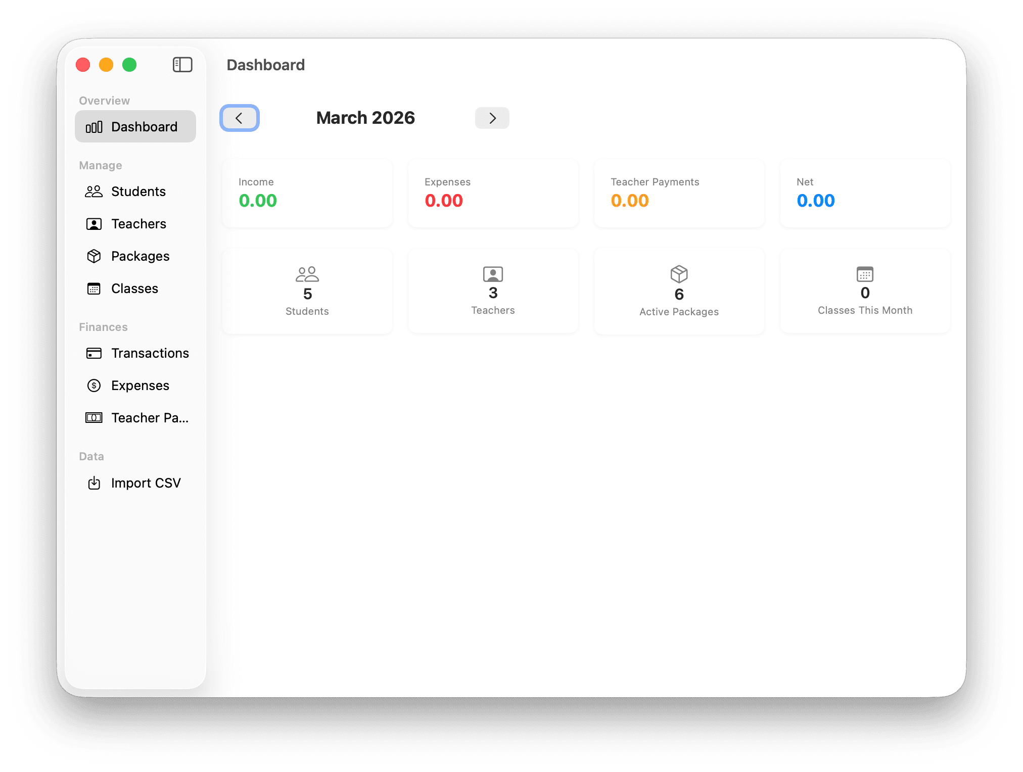 Dashboard — monthly overview of income, expenses, students, teachers, and active packages