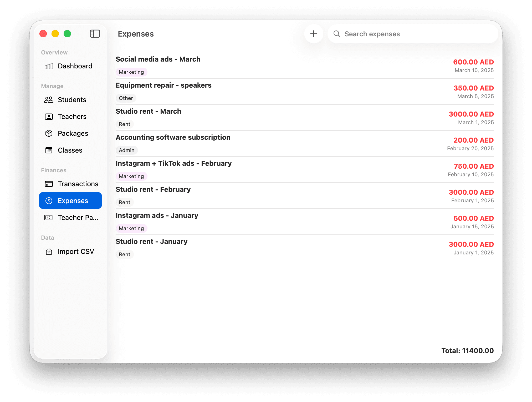 Expenses — categorized expense tracking with totals