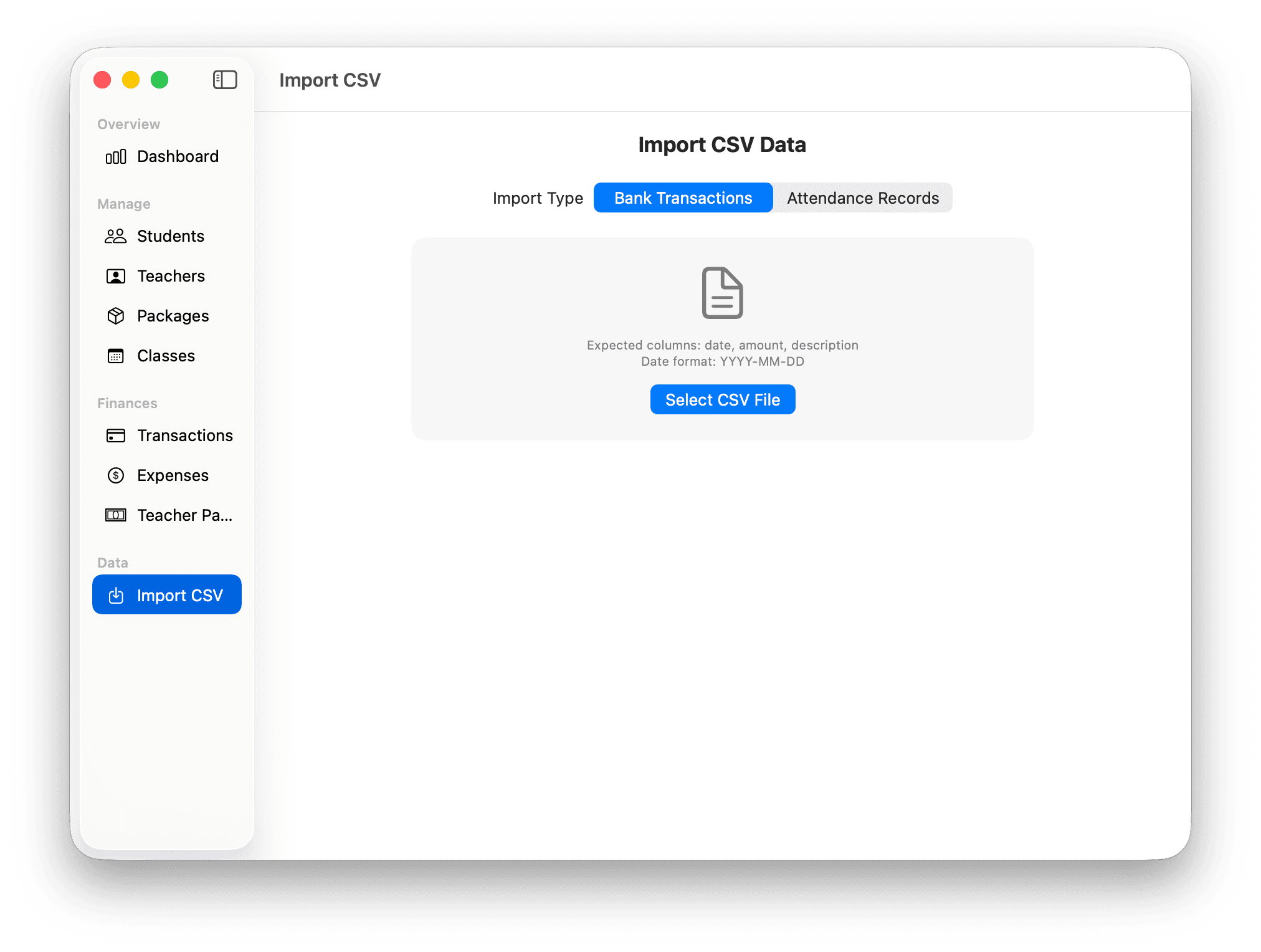 Import CSV — bulk data import from bank statements and attendance records