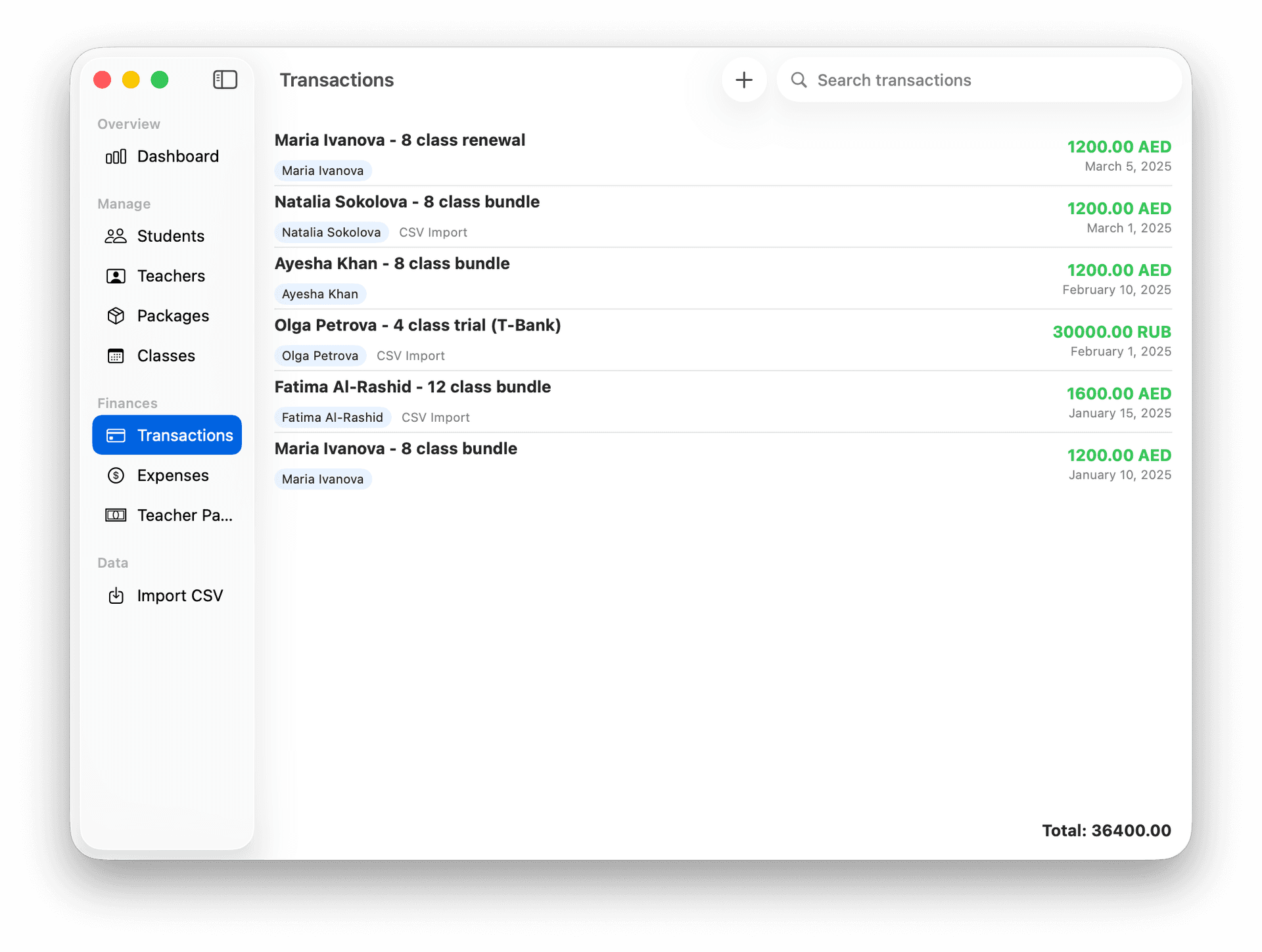 Transactions view