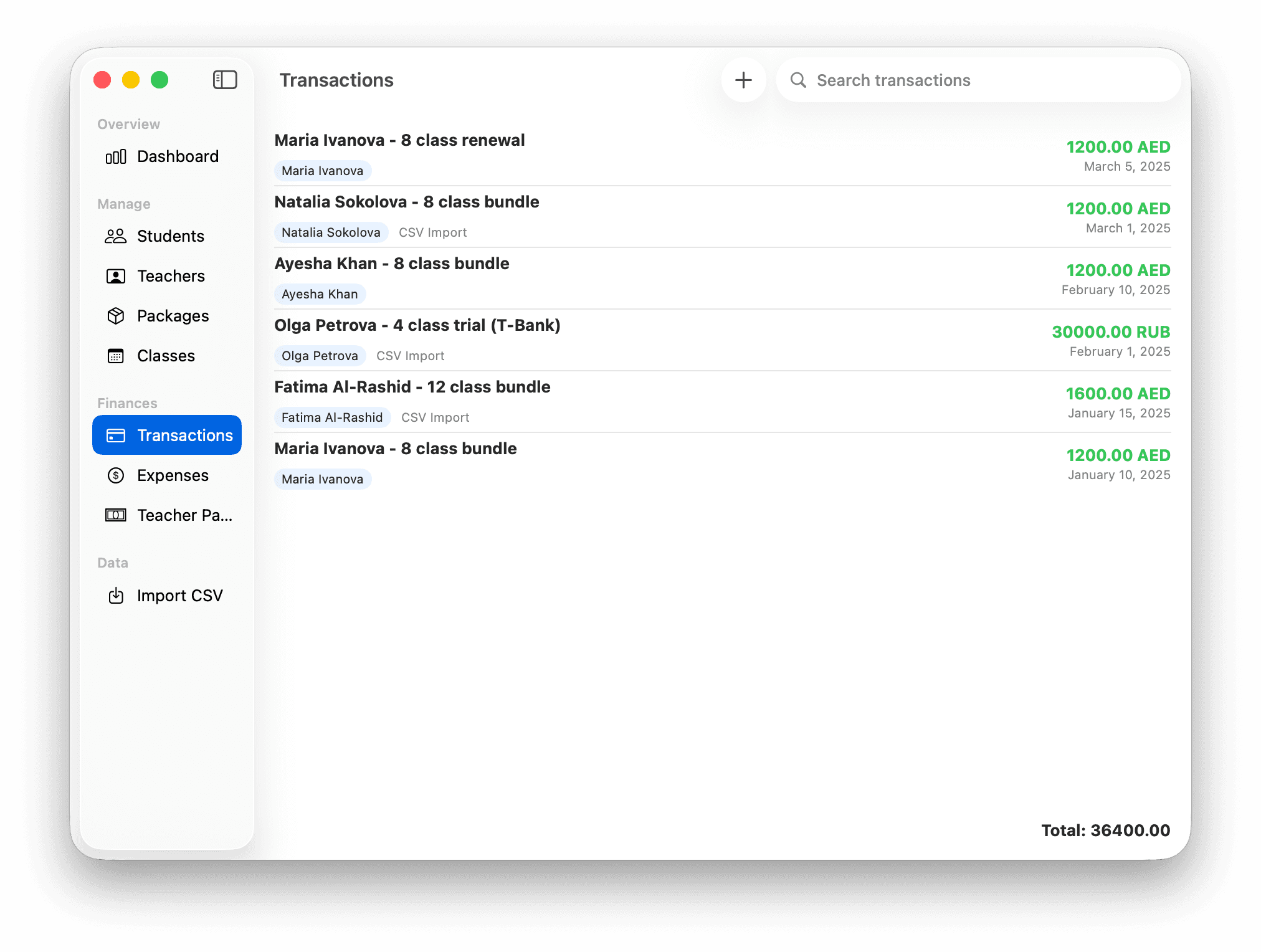 Transactions — full ledger with multi-currency support (AED, RUB) and search