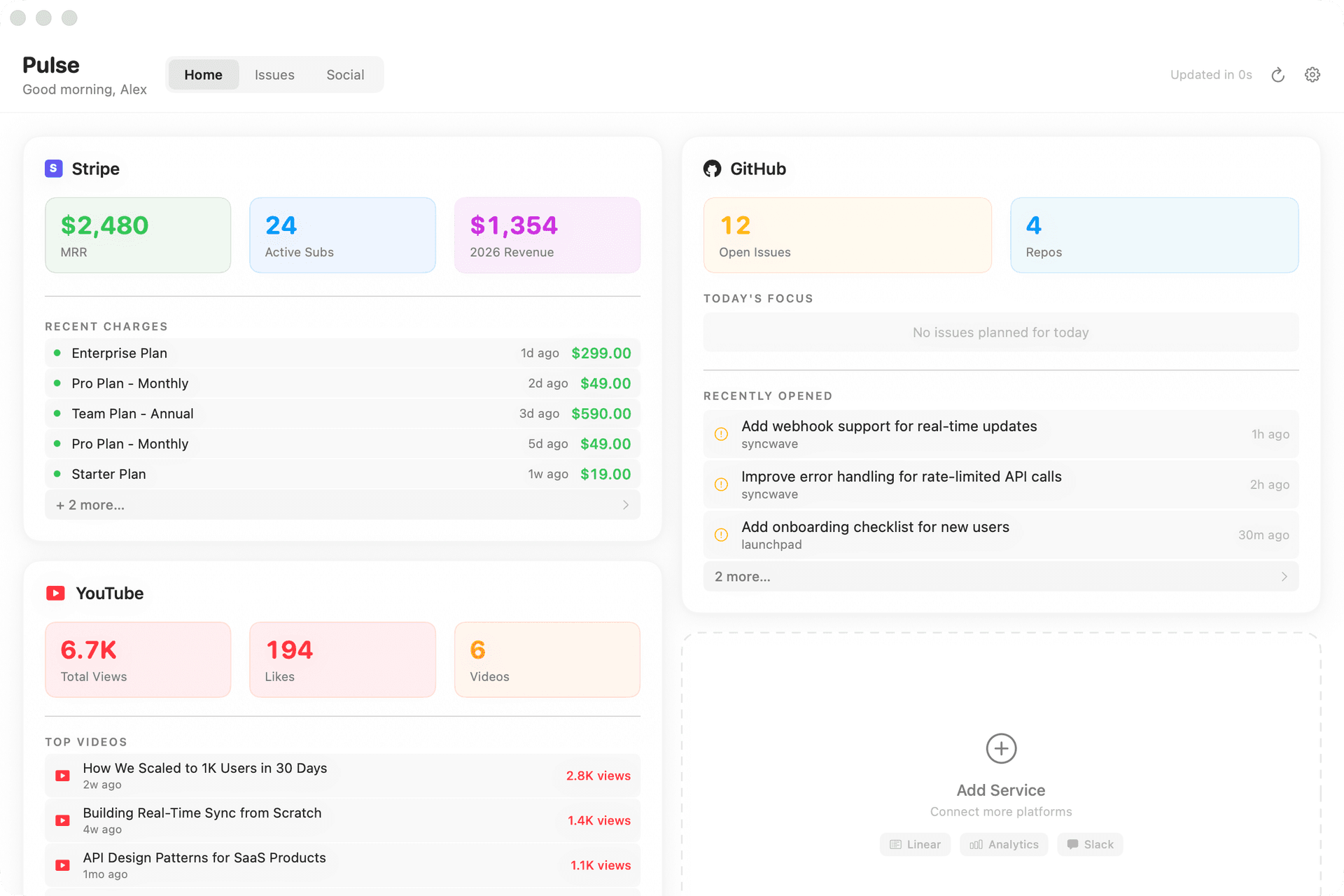 Home dashboard