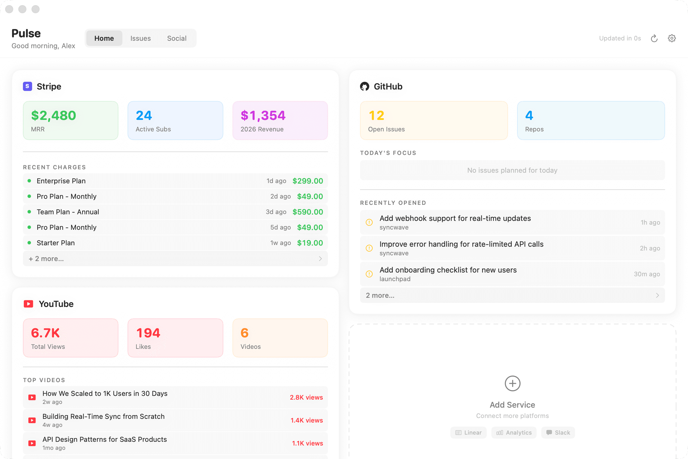 Pulse dashboard showing Stripe, GitHub, and YouTube metrics
