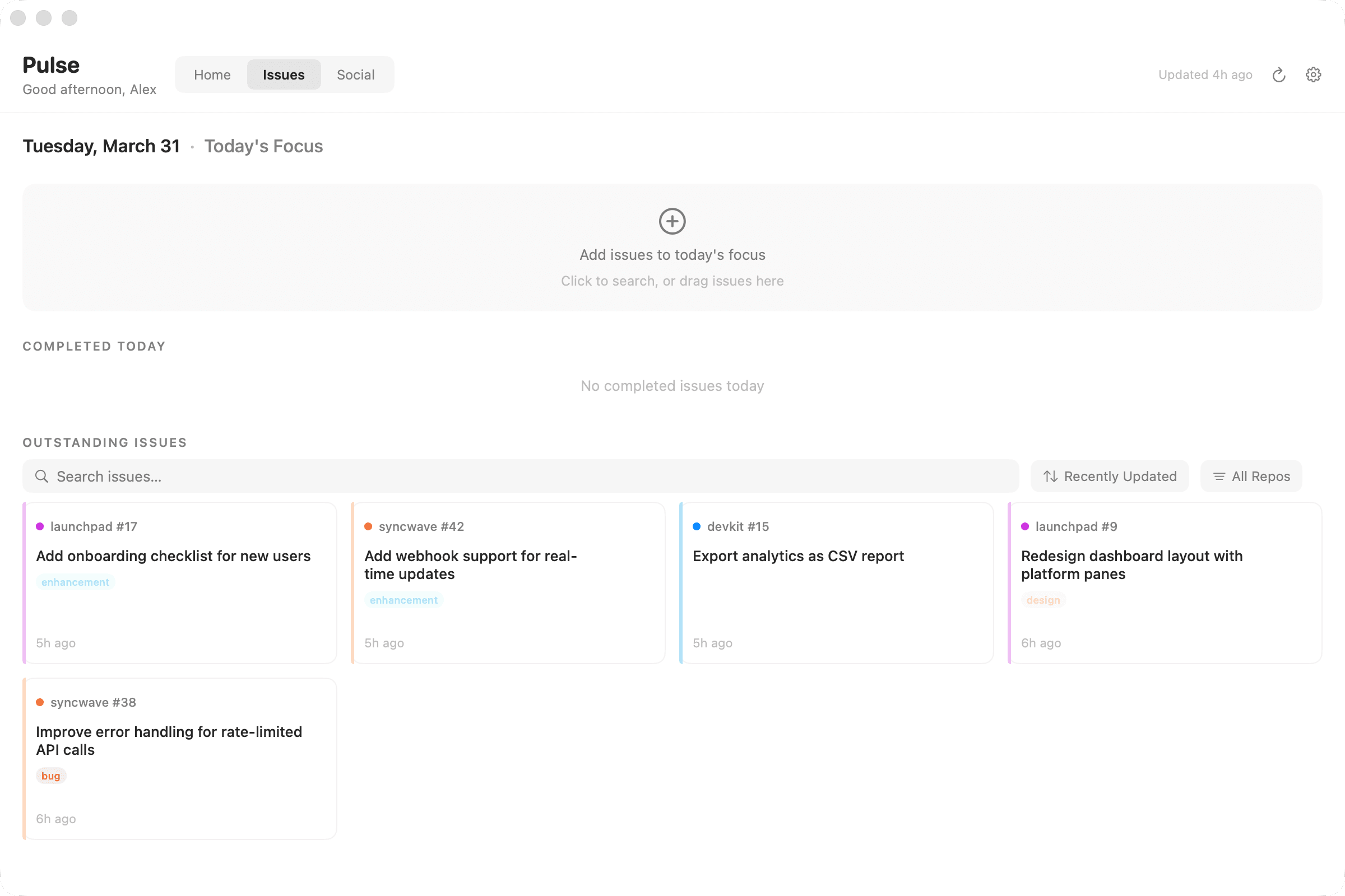 Issues tab — kanban board with today's focus, completed tasks, and outstanding issues
