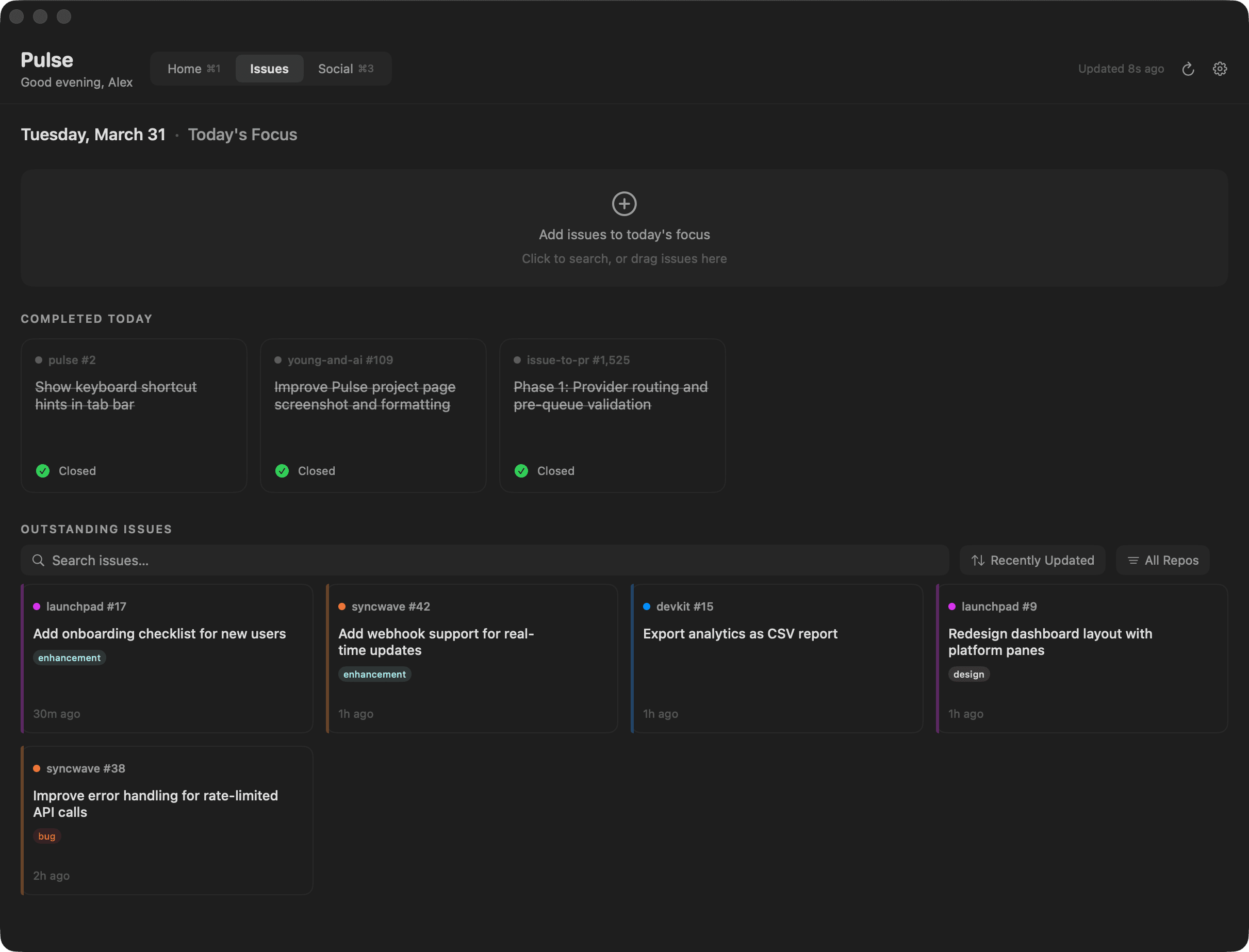 Pulse dashboard showing keyboard shortcut hints on tabs